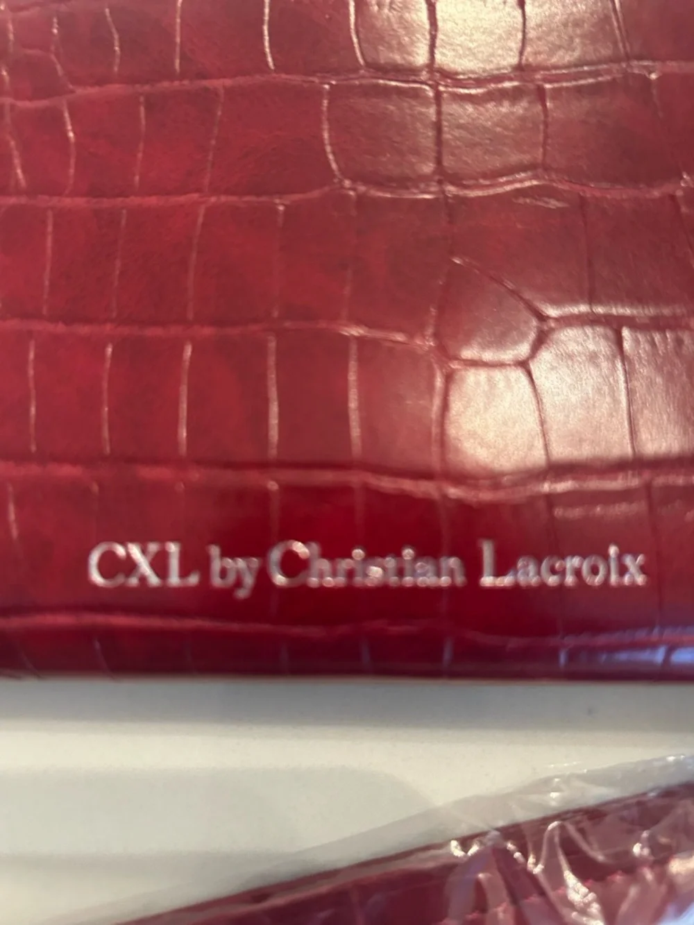 CXL Christian Lacroix faux crocco leather maroon red zip around wallet wristlet